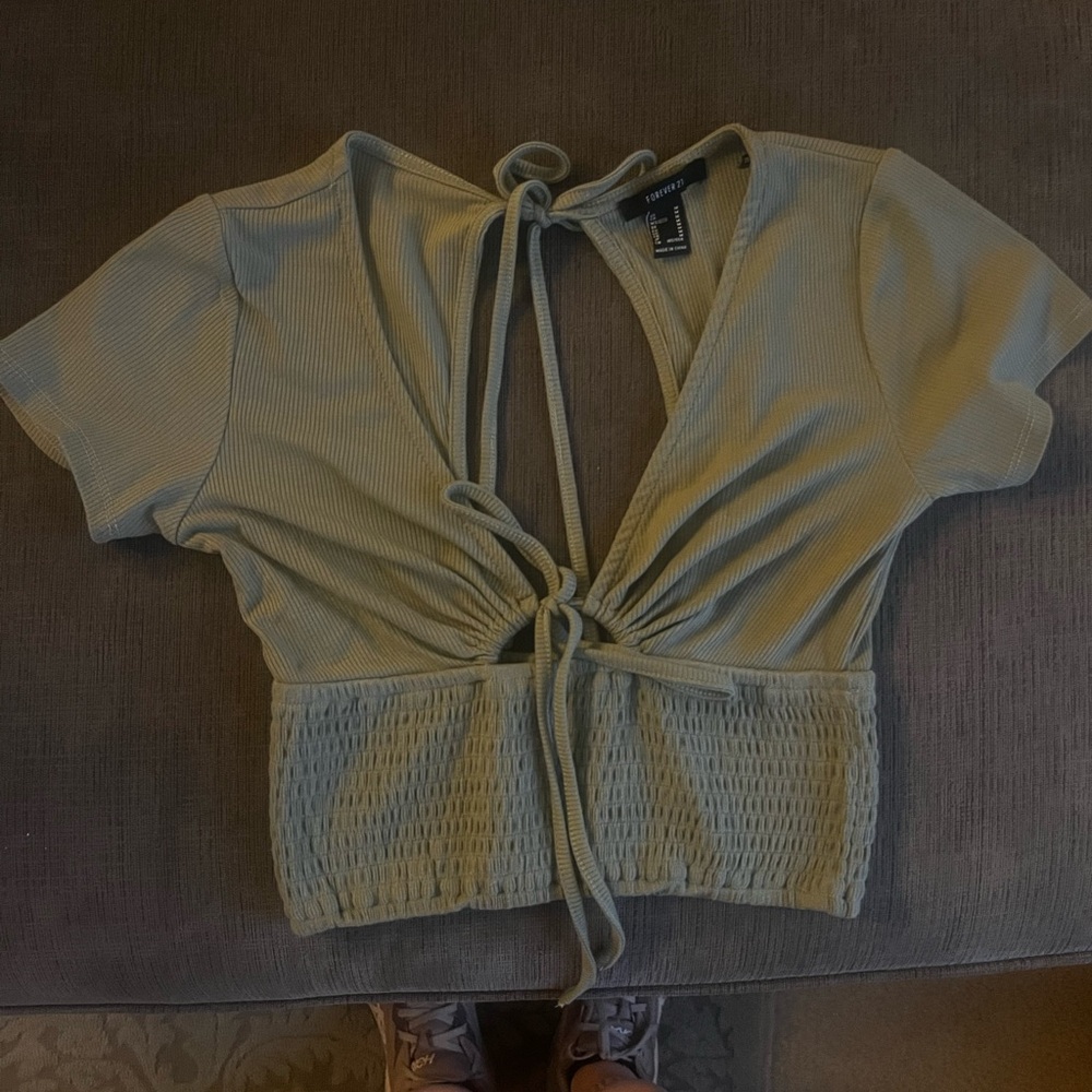 Forever 21 Olive Green Tie-Front Ribbed Crop Top